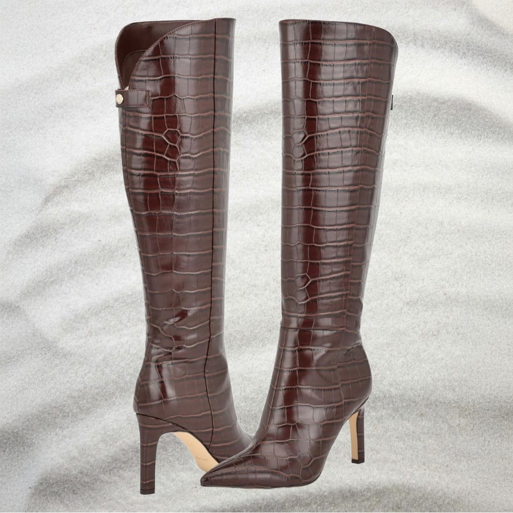Nine West Brown Croc-Embossed Heeled Boots